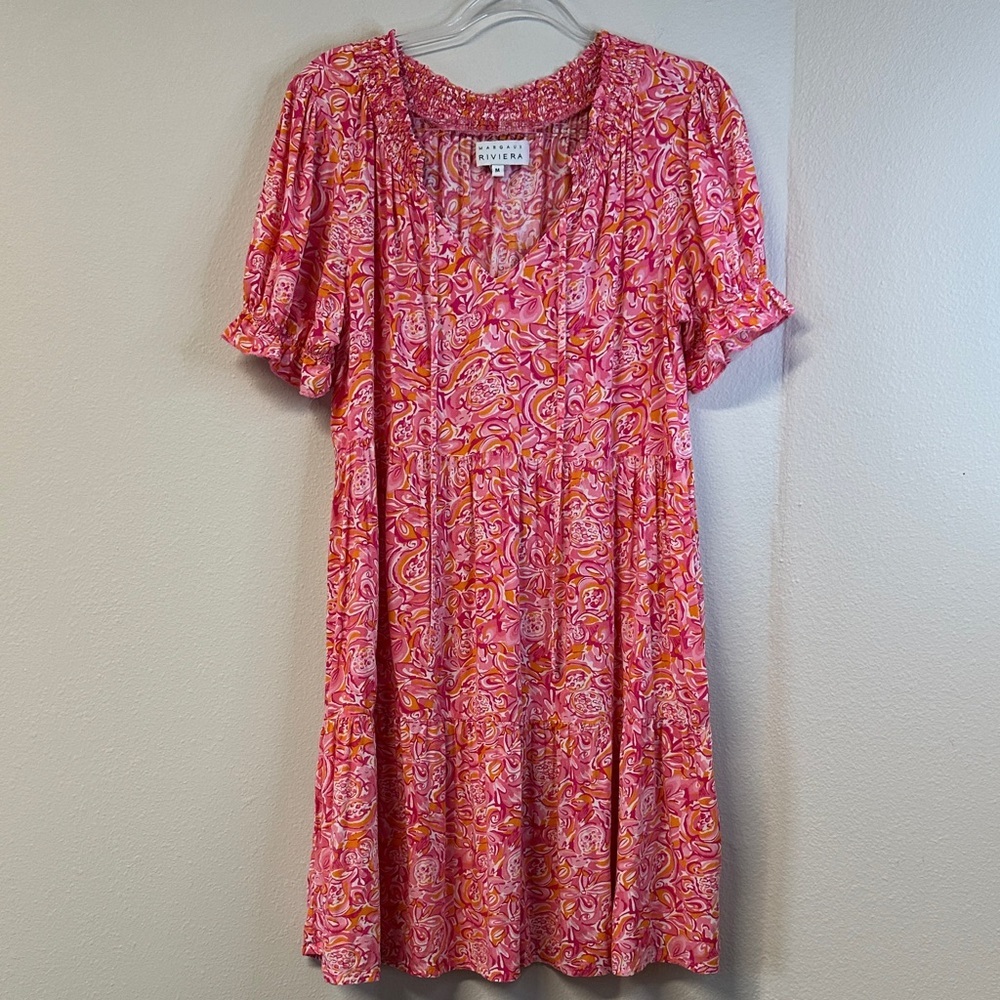 Margaux Riviera M Pink Orange Swirl Tie Neck Tiered Short Sleeve Dress